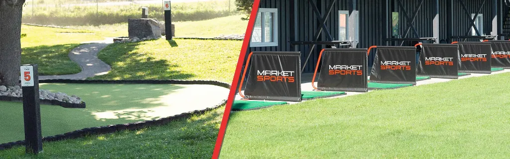 Market Sports driving range with red Market Sports flags against a green grass field.